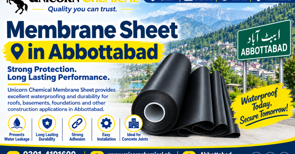# A **Membrane Sheet in Abbottabad** is a practical solution for protecting roofs foundations basements terraces and concrete structures from water seepage. Membrane sheets create a continuous protective layer over a properly prepared surface and are available in different materials thicknesses and application methods. Bitumen based membranes including APP and SBS are commonly used while self adhesive and PVC membrane systems are also available for specific applications. Unicorn Chemical provides membrane sheet solutions for residential commercial and industrial construction projects in Abbottabad. The right membrane should be selected according to the surface condition weather exposure structural requirements and expected service life. ## What Is a Membrane Sheet A membrane sheet is a manufactured sheet that forms a protective barrier against water and moisture. Modified bitumen membranes combine bitumen with polymers and reinforcement to provide flexibility strength and resistance to environmental conditions. APP membranes are commonly used for exposed areas where heat and weather resistance are important. SBS membranes provide greater elasticity and flexibility for applications where movement may need to be considered. These materials can be installed on concrete roofs terraces foundations basements retaining walls water tanks and other structures requiring moisture protection. ## Membrane Sheet Length Width and Thickness The **length width and thickness of membrane sheet** depend on the manufacturer and product type. A common bitumen membrane format is approximately **1 meter wide and 10 to 15 meters long**. Common thicknesses include **2mm 3mm and 4mm** while heavier products such as 5mm membranes may also be available for specific applications. Some suppliers list 3mm and 4mm APP membrane rolls in a 1 meter by 10 meter format. Exact roll dimensions can vary between brands and product ranges. Before purchasing a membrane sheet check the width roll length thickness reinforcement and recommended installation method. ## Membrane Sheet Price in Abbottabad The **Membrane Sheet Price in Abbottabad** depends on thickness material type reinforcement brand roll size and quantity. Current published market estimates place 3mm APP membrane around **Rs 3500 to Rs 5000 per roll** while 4mm APP membrane can be around **Rs 4500 to Rs 6500 per roll**. SBS and self adhesive products can have different rates. Another current supplier listing shows a bitumen membrane sheet at around Rs 4000 per roll which demonstrates how prices can vary between products and suppliers. These figures are indicative rather than a fixed Abbottabad market rate. Final cost should be confirmed according to the required specification delivery quantity surface preparation and installation requirements. ## Types of Membrane Sheet Available ### APP Modified Bitumen Membrane APP membrane is modified with Atactic Polypropylene and is commonly selected for roofs terraces and exposed surfaces where resistance to heat and weather conditions is required. ### SBS Modified Bitumen Membrane SBS membrane uses Styrene Butadiene Styrene modification which provides flexibility and elasticity. It can be suitable for foundations basements and structures where movement is expected. ### Self Adhesive Membrane Self adhesive membrane sheets can be installed without torch heating. They can be useful for selected areas where open flame application is not preferred. ### PVC Membrane PVC membrane systems are used for specialized roof basement tunnel water containment and other waterproofing applications. Their thickness and dimensions depend on the product specification. ## Where Membrane Sheet Is Used in Abbottabad Membrane sheets can be used in a wide range of residential commercial and industrial structures including: - Concrete roofs - Flat roofs - Terraces - Balconies - Basements - Foundations - Retaining walls - Water tanks - Underground structures - Commercial buildings - Industrial buildings - Parking areas - Podiums - Tunnels - Water containment structures For Abbottabad construction projects the membrane should be selected according to the roof condition drainage design exposure and expected water pressure. ## Benefits of Membrane Sheet A suitable membrane system creates a continuous protective barrier against water penetration. Reinforced bitumen membranes can provide mechanical strength and flexibility while different membrane types can be selected for different structural conditions. Membrane sheets also provide controlled factory manufactured thickness and reinforcement. This makes it easier to select a product according to the project specification. Proper installation can help protect concrete surfaces from recurring moisture and water seepage while reducing the need for frequent waterproofing repairs. ## Membrane Sheet Installation in Abbottabad Proper **Membrane Sheet Installation** begins with surface preparation. The concrete surface should be sound clean dry and free from dust grease loose particles and sharp projections. Depending on the product the sheet may be installed using torch application adhesive bonding or another approved method. Overlaps should be correctly formed and sealed. Corners joints drainage points and pipe penetrations require special attention because these areas can become weak points if they are not detailed correctly. Professional installation should follow the manufacturer's technical instructions and the requirements of the construction project. ## Membrane Sheet Near Me in Abbottabad If you are searching for **Membrane Sheet Near Me** in Abbottabad compare the material specifications rather than choosing only on price. Check the membrane type thickness reinforcement roll dimensions and recommended application method. For larger projects it is also useful to confirm the quantity required and whether primer installation joint treatment and other accessories are included in the quotation. ## Areas We Serve in Abbottabad Our membrane sheet services can cover different parts of Abbottabad and nearby areas including: - Abbottabad City - Abbottabad Tehsil - Havelian - Lora - Lower Tanawal - Nawan Shehr - Kakul - Dhamtour - Salhad - Mirpur - Pawa - Sherwan - Sajikot - Langra - Nagri Totial - Goreeni - Phallah - Dewal Manal - Langrial - Nara - surrounding construction areas This coverage supports residential houses commercial buildings industrial projects basements terraces and other structures requiring membrane based protection. ## Why Choose Unicorn Chemical Unicorn Chemical focuses on supplying construction chemical solutions according to the actual requirements of each project. Before selecting a membrane we can help customers consider the required thickness material type roll size surface condition and application method. Our services include membrane sheet supply waterproofing material guidance roof waterproofing basement protection foundation waterproofing and related construction chemical solutions. For local projects customers can discuss their required membrane specification before ordering so the material and installation approach can be matched with the project requirements. You can visit **unicornchemical.pk** for information about construction chemical products and waterproofing services. ## Frequently Asked Questions ### What is a membrane sheet used for? A membrane sheet is used to create a protective barrier against water and moisture on roofs foundations basements terraces water tanks and other concrete structures. ### What thickness of membrane sheet is commonly available? Common bitumen membrane thicknesses include 2mm 3mm and 4mm. Thicker options such as 5mm can also be available depending on the manufacturer and project requirements. ### What is the common membrane sheet roll size? A commonly available bitumen membrane roll can be approximately 1 meter wide and 10 meters long. Some products are supplied in different lengths so the exact specification should be confirmed before purchase. ### What affects Membrane Sheet Cost in Abbottabad? Membrane Sheet Cost depends on material type thickness reinforcement brand roll size quantity transportation surface preparation and installation requirements. ### Can membrane sheets be used on roofs? Yes. Bitumen membrane sheets are commonly used on concrete and flat roofs. The appropriate product should be selected according to roof exposure drainage and surface condition. ### Is professional membrane sheet installation necessary? Yes. Proper surface preparation overlapping sealing corner treatment and application are important for achieving an effective membrane system. ## Get Membrane Sheet in Abbottabad If you need **Membrane Sheet in Abbottabad** for a roof basement foundation terrace or commercial project first determine the required membrane type thickness width roll length and installation method. Membrane Sheet in Abbottabad